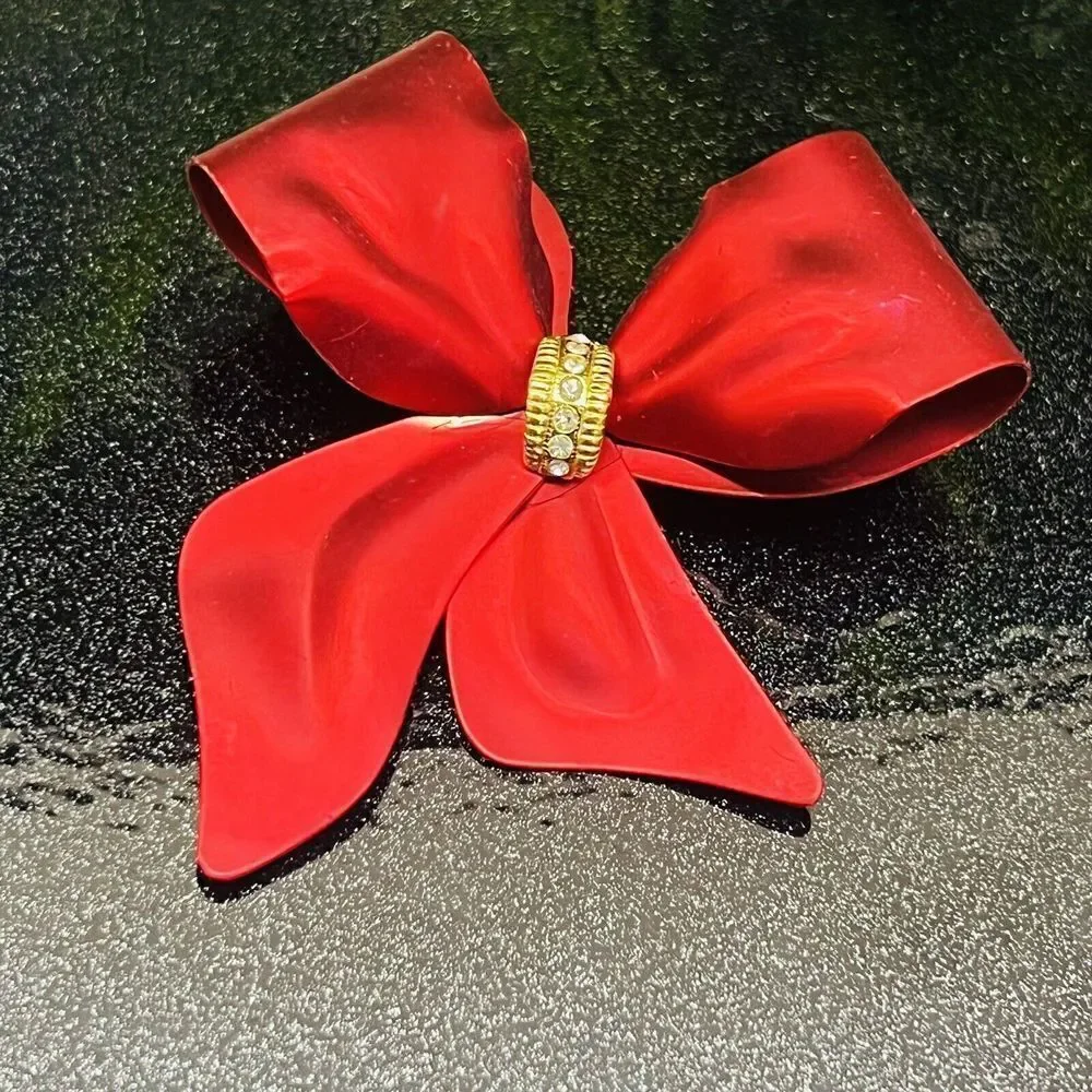 Vintage RED Metalic Satin Bow Ribbon Brooch Pin Crystal Accent Large Matte 1426